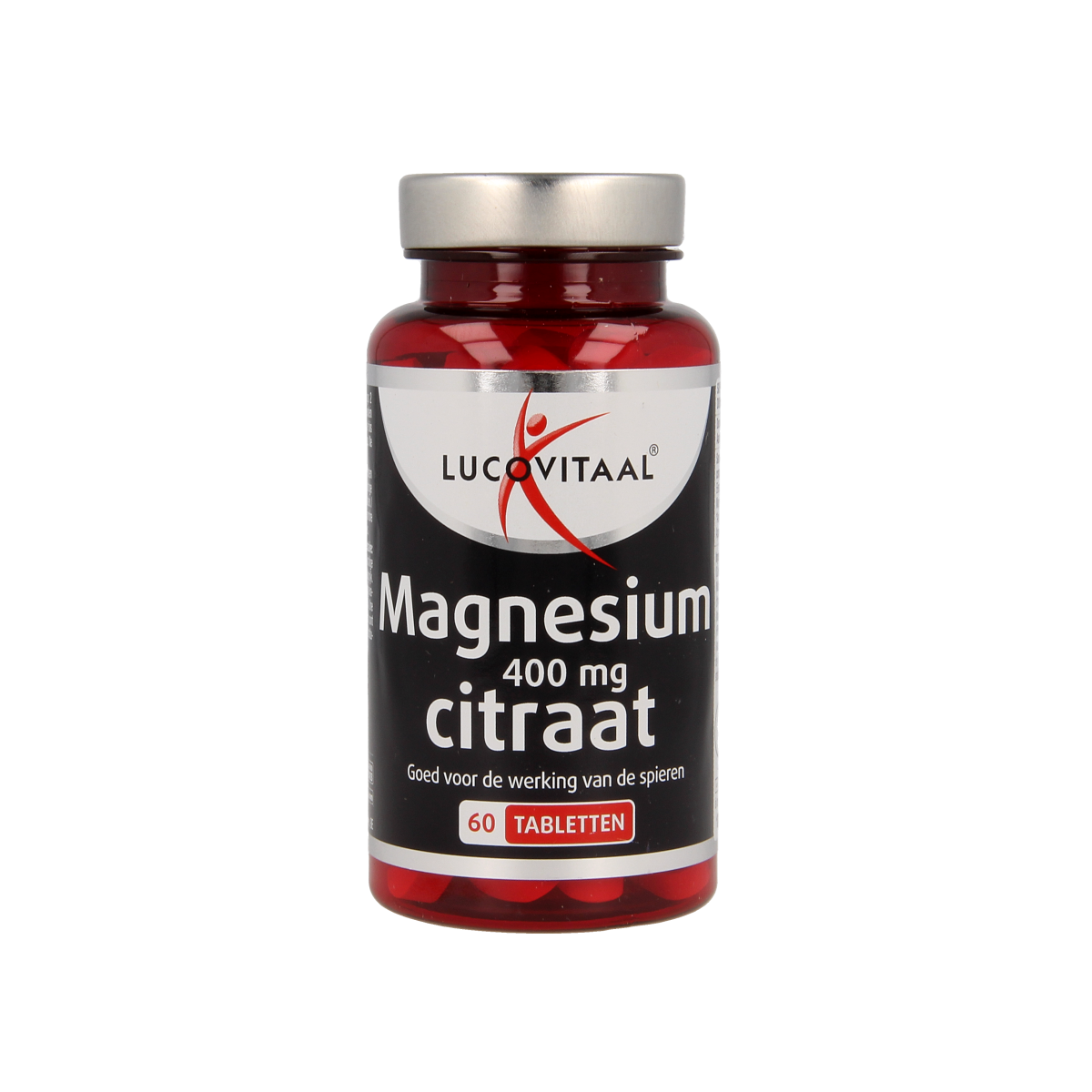 Lucovitaal Magnesium Citraat 400mg mineral supplement tablets, showing a bottle of 60 tablets with label details.
