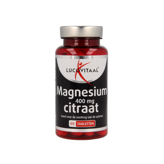 Lucovitaal Magnesium Citraat 400mg mineral supplement tablets, showing a bottle of 60 tablets with label details.