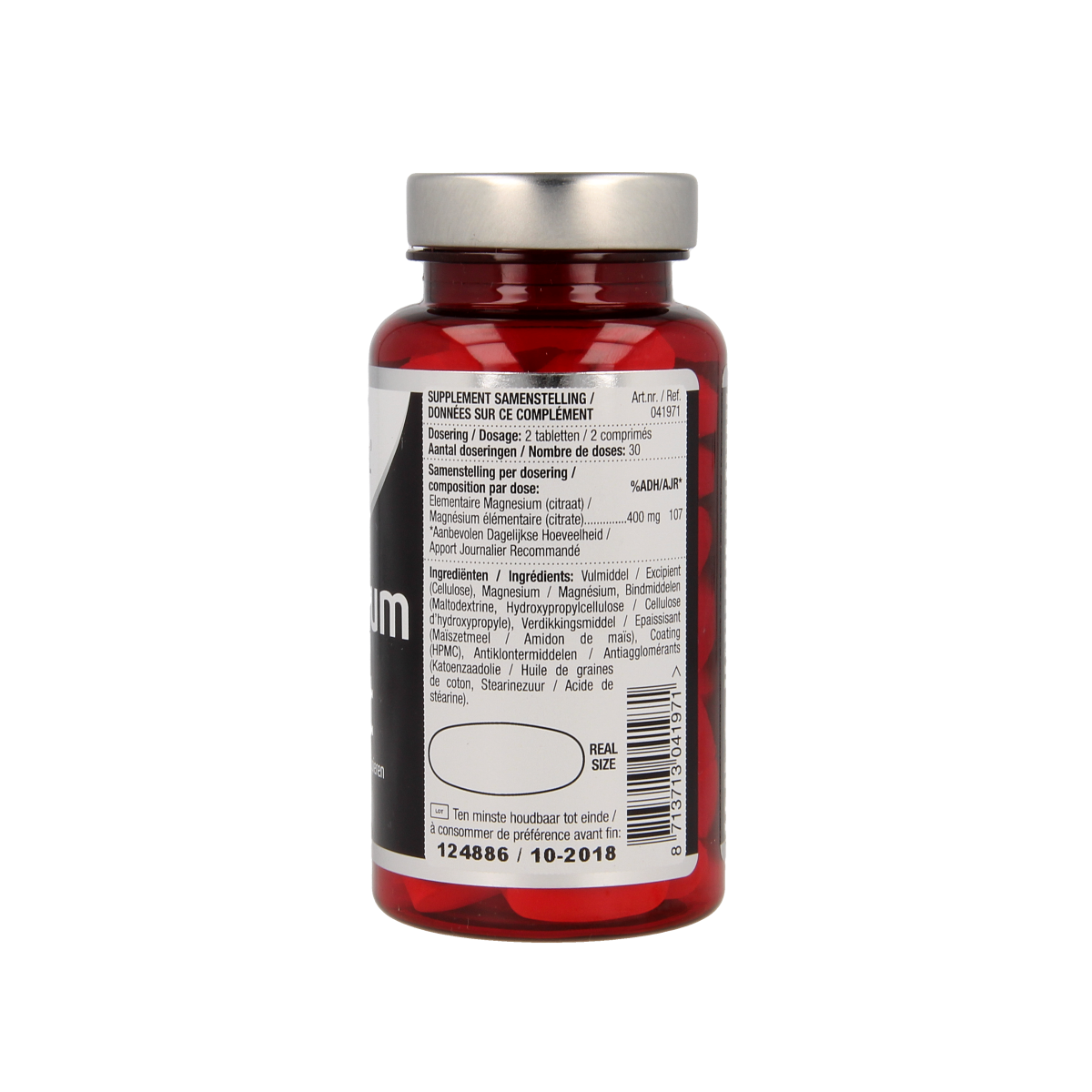 Lucovitaal Magnesium Citraat 400mg mineral supplement in a bottle of 60 tablets, showcasing the product packaging and tablets.