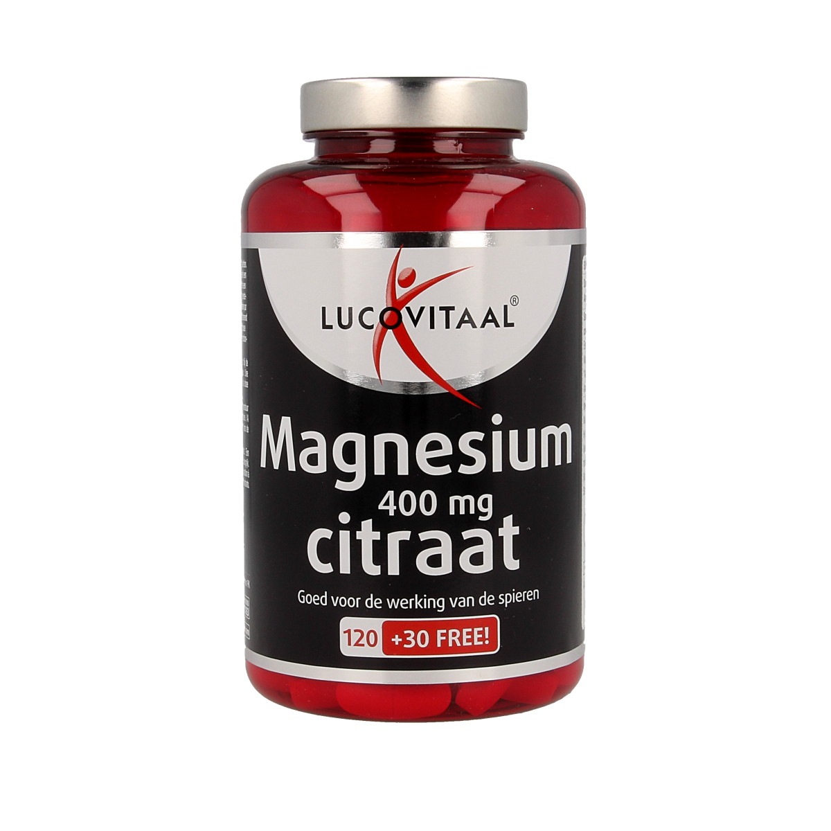 Lucovitaal Magnesium Citraat 400mg mineral supplement tablets, featuring a bottle of 150 tablets with label visible.