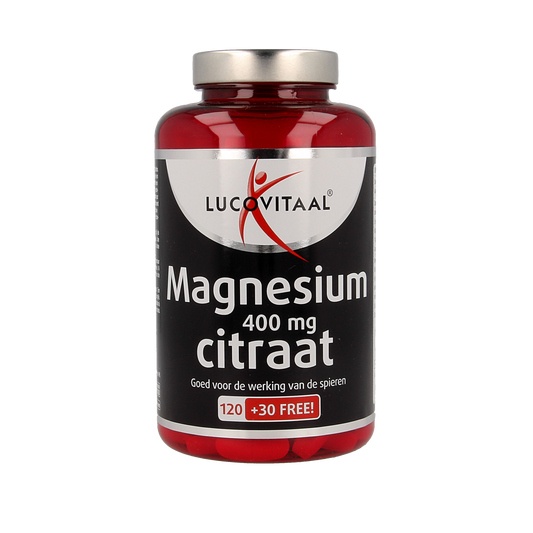 Lucovitaal Magnesium Citraat 400mg mineral supplement tablets, featuring a bottle of 150 tablets with label visible.
