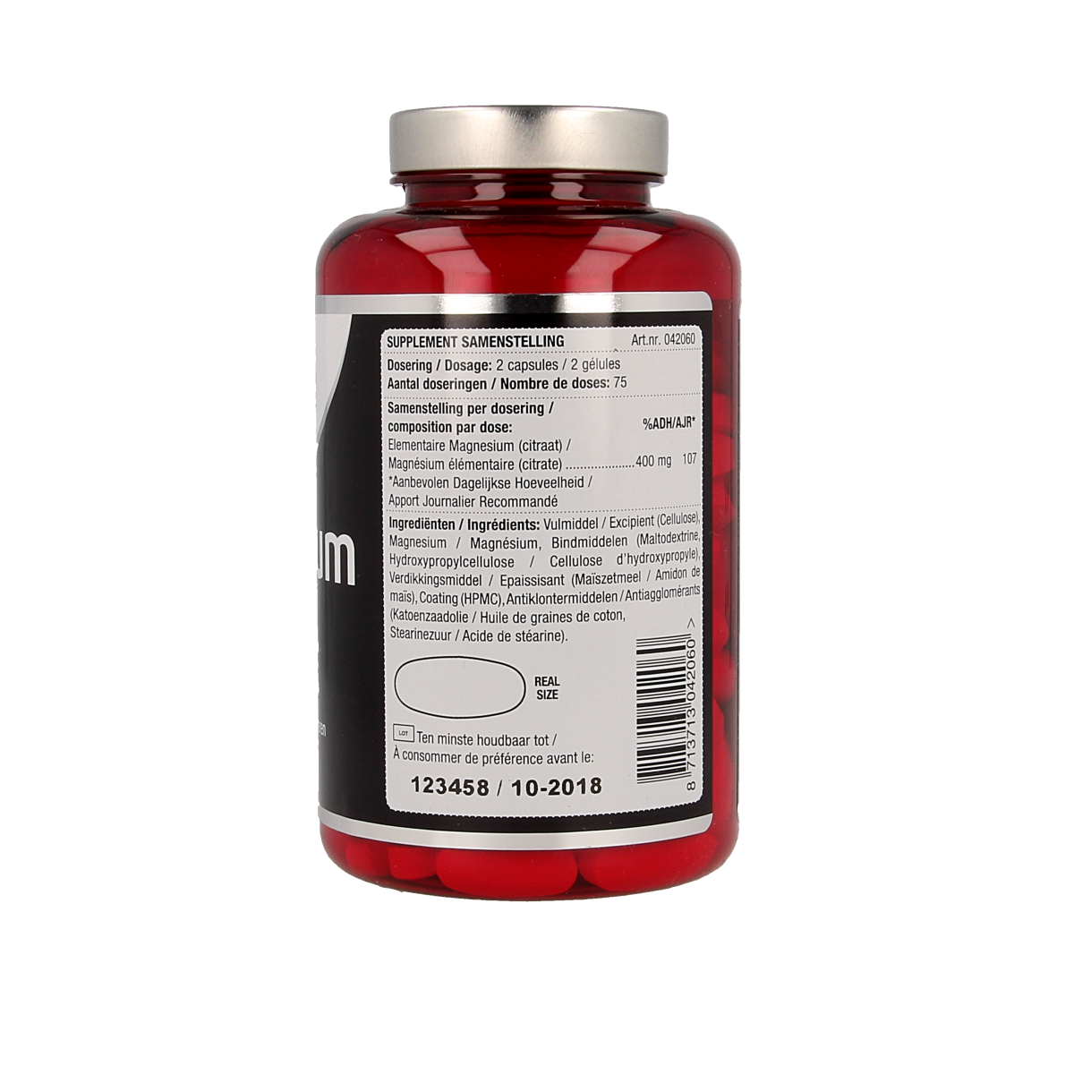 Lucovitaal Magnesium Citraat 400mg mineral supplement tablets, showing a bottle of 150 tablets with label details.