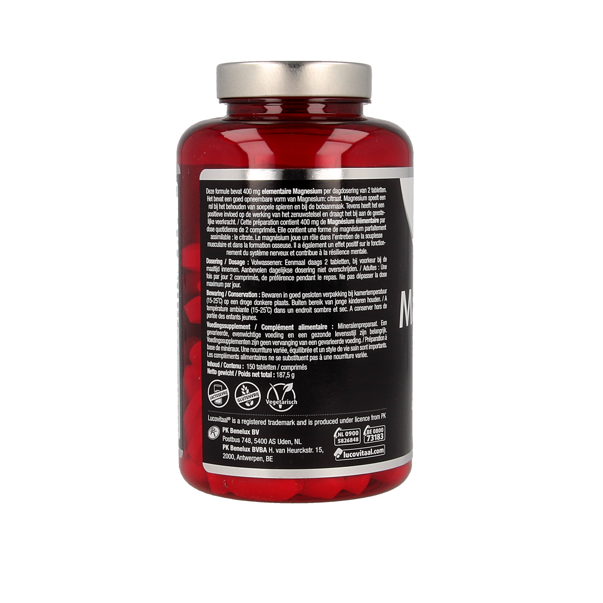 Lucovitaal Magnesium Citraat 400mg mineral supplement tablets, showing a bottle of 150 tablets on a white background.