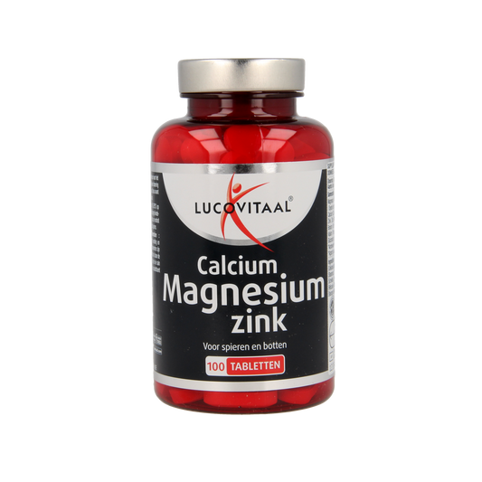 Lucovitaal Calcium magnesium zink mineral supplement tablets, showing a bottle of multi-mineral tablets on a white background.
