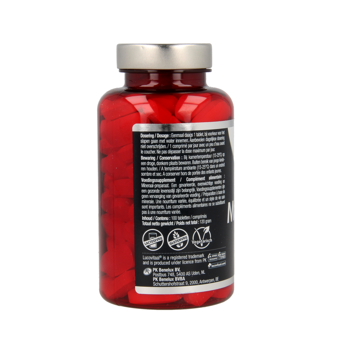 Bottle of Lucovitaal Calcium Magnesium Zink mineral supplements with 100 tablets, showing the label and tablets inside the packaging.