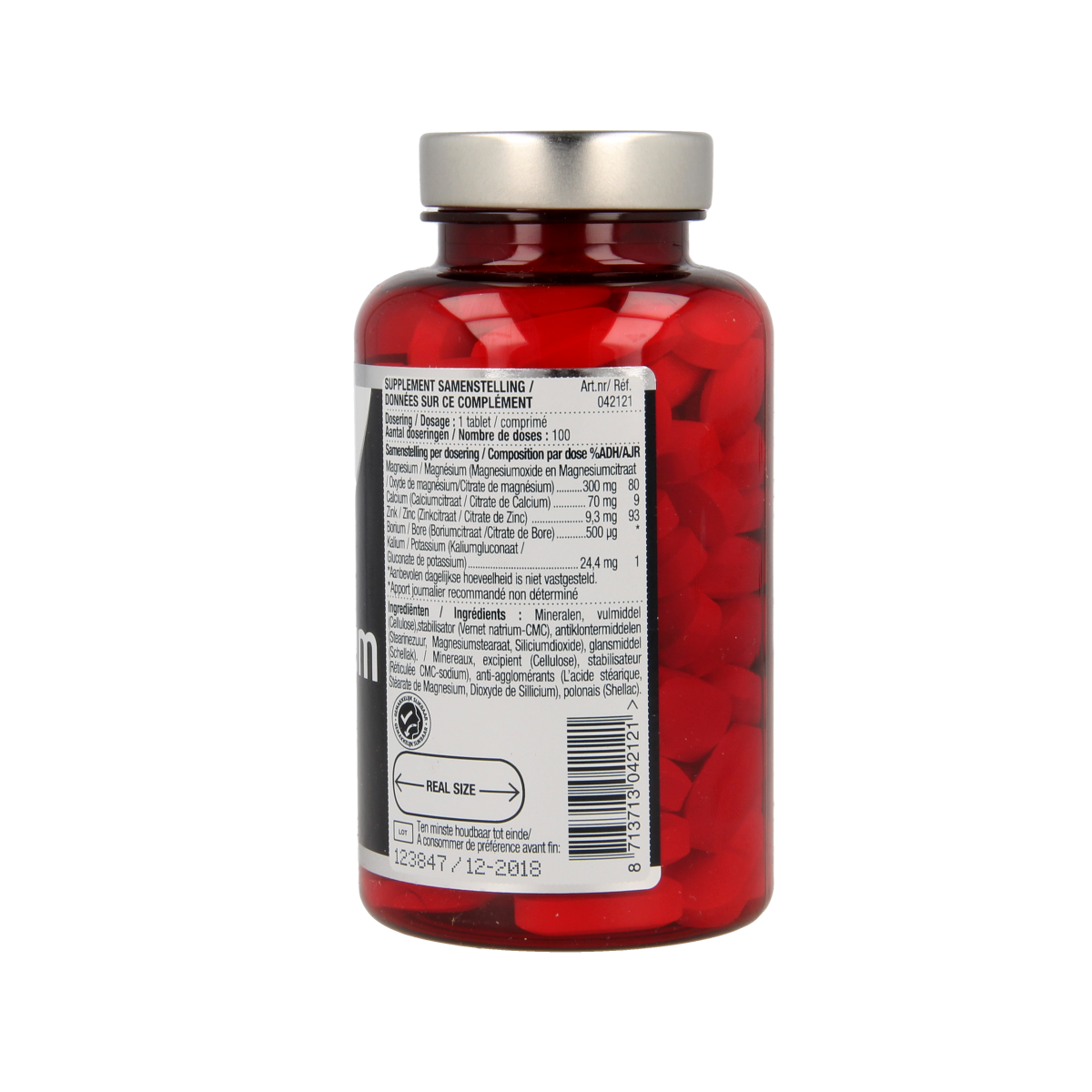 Bottle of Lucovitaal Calcium Magnesium Zink mineral supplement tablets with 100 count, featuring colorful label and tablets inside.