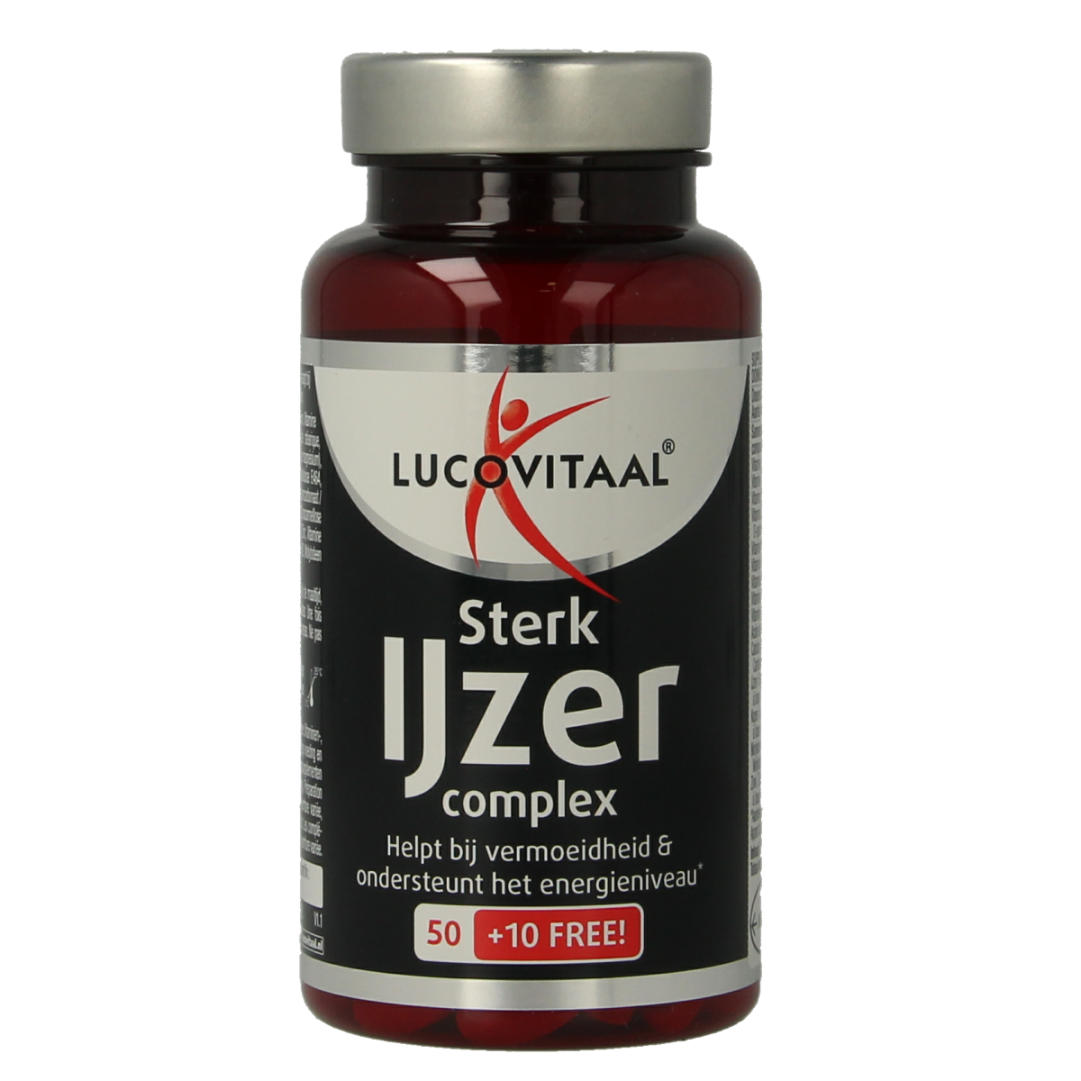 Lucovitaal Sterk IJzer Complex mineral supplement in a bottle of 60 tablets, showing the product packaging and tablets.