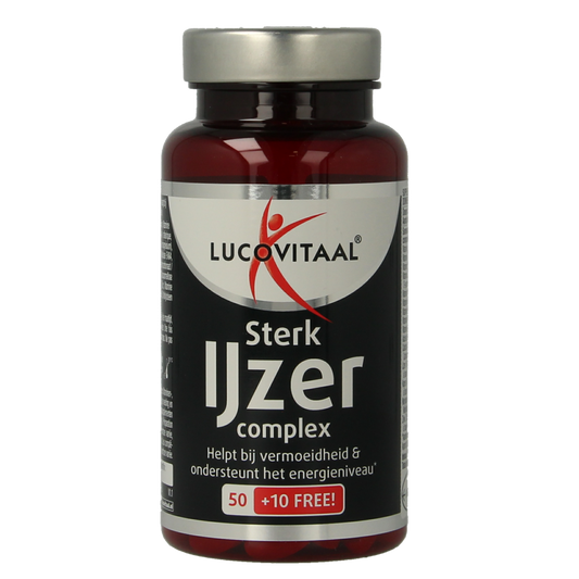 Lucovitaal Sterk IJzer Complex mineral supplement in a bottle of 60 tablets, showing the product packaging and tablets.