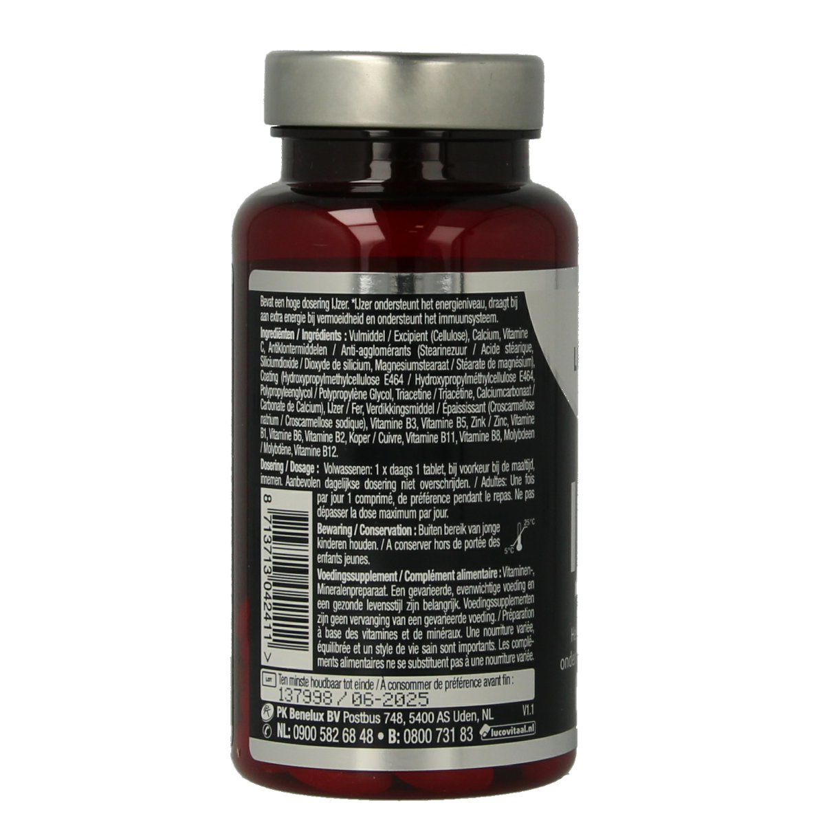 Lucovitaal Sterk Ijzer Complex mineral supplement bottle with 60 tablets, showing the product label and tablet images.