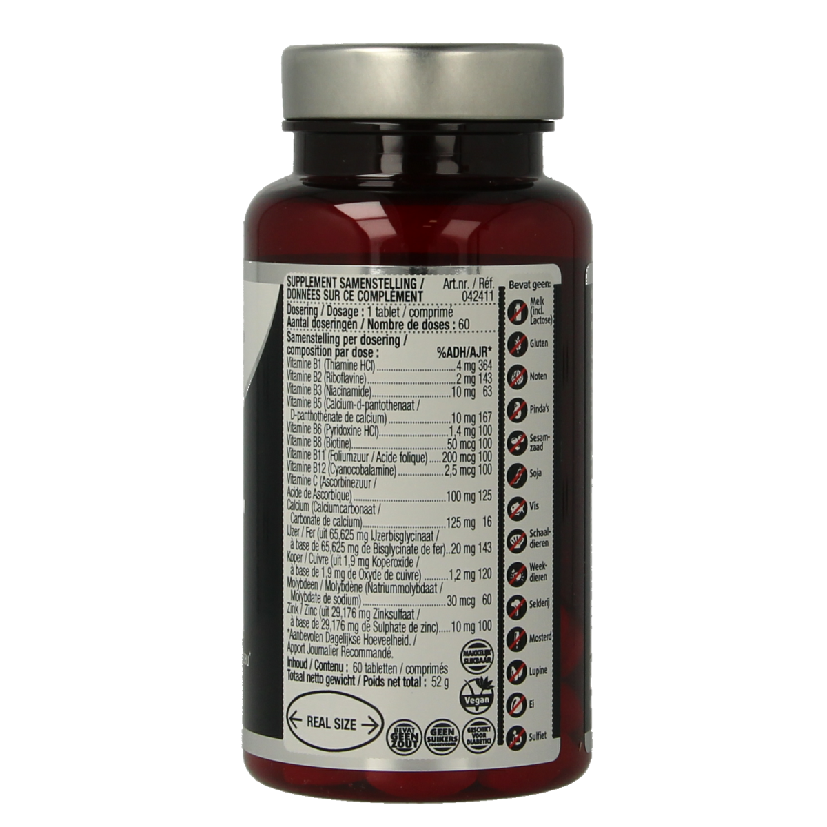 Lucovitaal Sterk IJzer Complex mineral supplement in a bottle of 60 tablets, featuring a colorful label with product details.