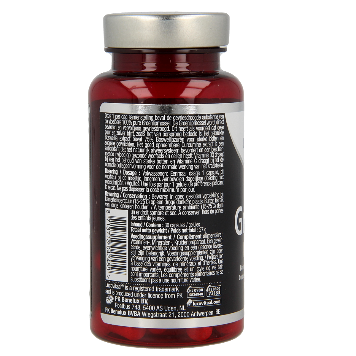 Lucovitaal Groenlipmossel complex capsules, mineral supplement with 30 capsules, in a bottle with label and cap.