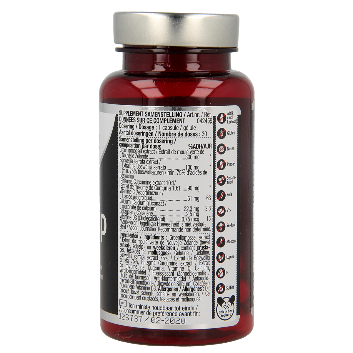 Lucovitaal Groenlipmossel complex capsules, mineral multivitamin supplement, shown in a bottle with 30 capsules.