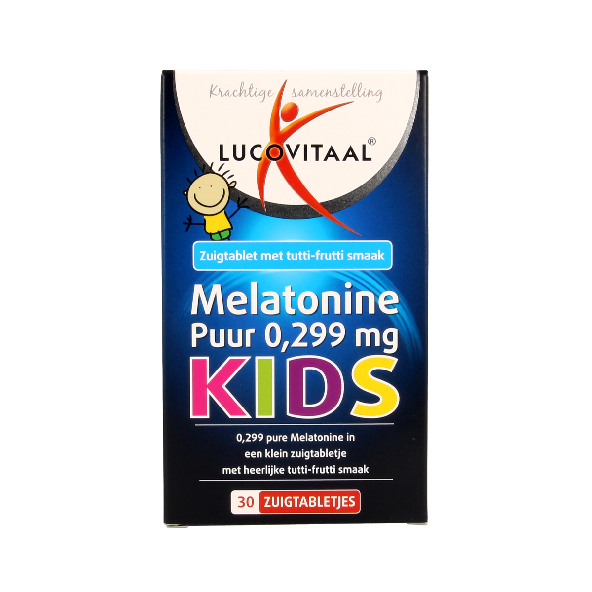 Lucovitaal Melatonine kids puur 0.299mg herbal supplement in a bottle with 30 tablets, designed for children’s sleep support.