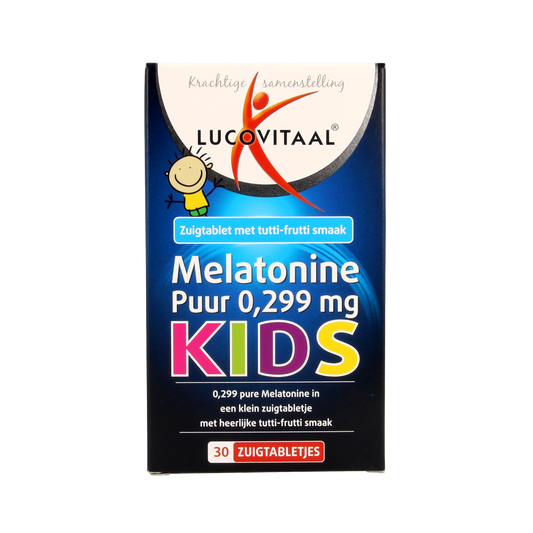 Lucovitaal Melatonine kids puur 0.299mg herbal supplement in a bottle with 30 tablets, designed for children’s sleep support.
