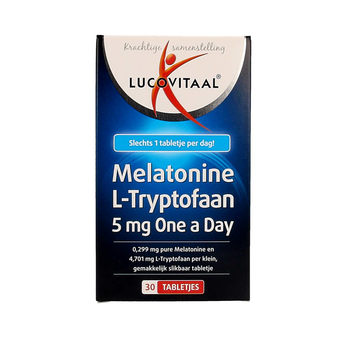 Lucovitaal Melatonine L-Tryptofaan 5mg herbal supplement bottles with 30 tablets, natural sleep aid and relaxation product