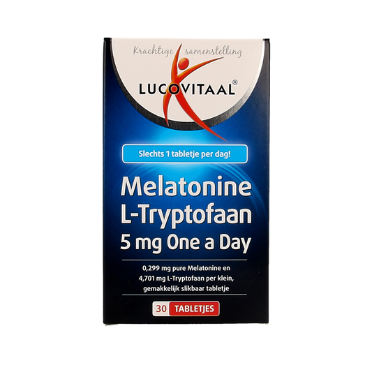 Lucovitaal Melatonine L-Tryptofaan 5mg herbal supplement bottles with 30 tablets, natural sleep aid and relaxation product