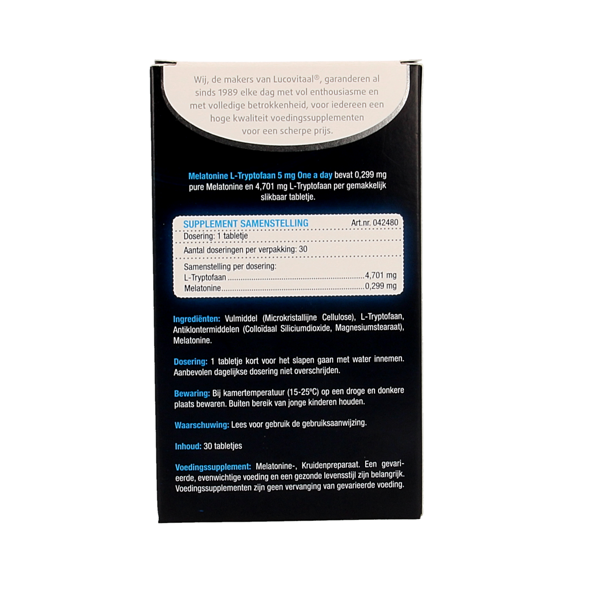 Lucovitaal Melatonine L-Tryptofaan 5mg herbal supplement in a bottle of 30 tablets, designed to support sleep and relaxation.