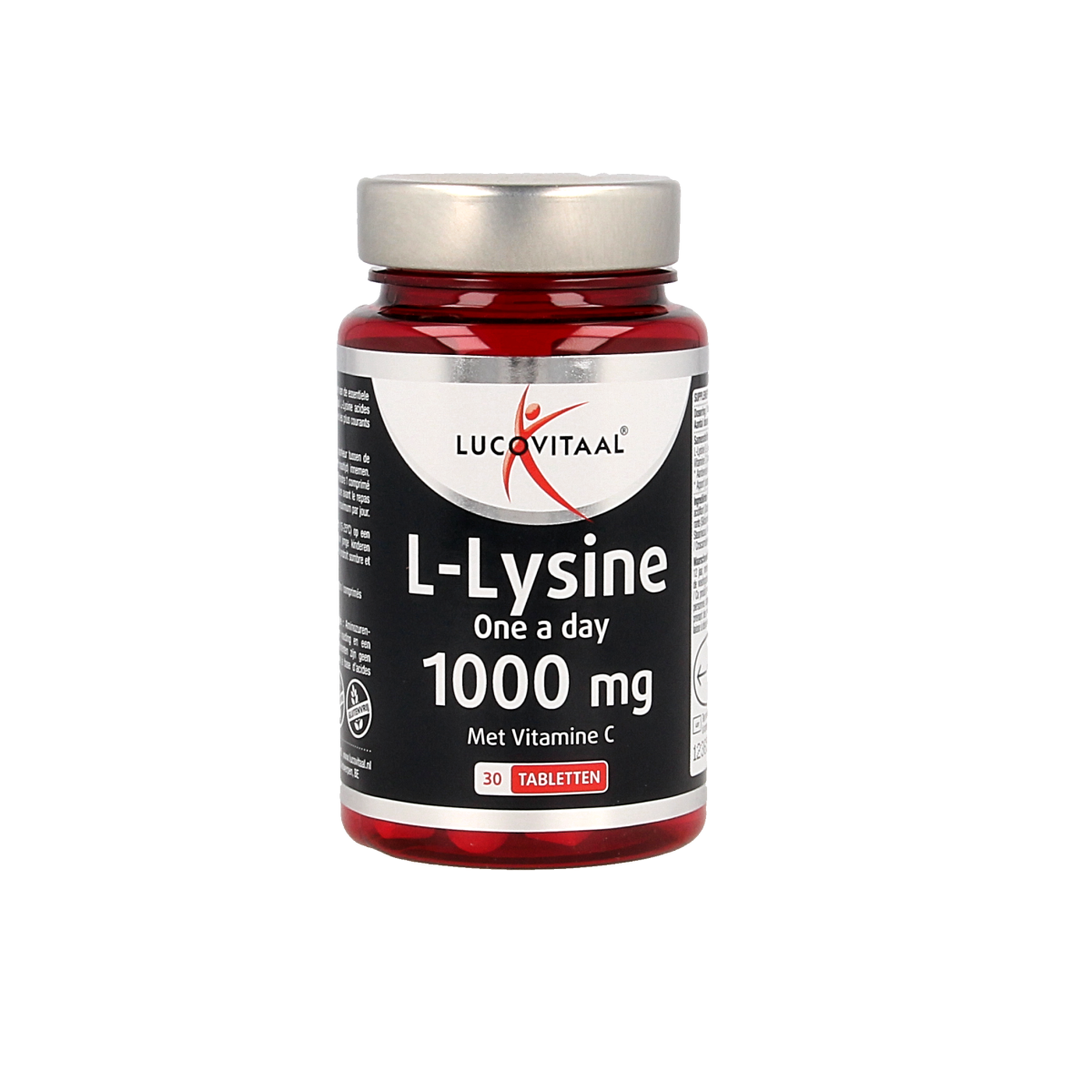 Lucovitaal L-Lysine 1000mg amino acid supplement tablets, showing a bottle of 30 tablets with label and branding.