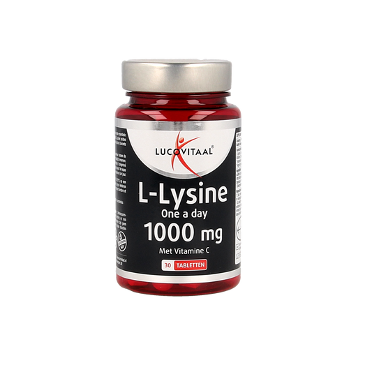 Lucovitaal L-Lysine 1000mg amino acid supplement tablets, showing a bottle of 30 tablets with label and branding.