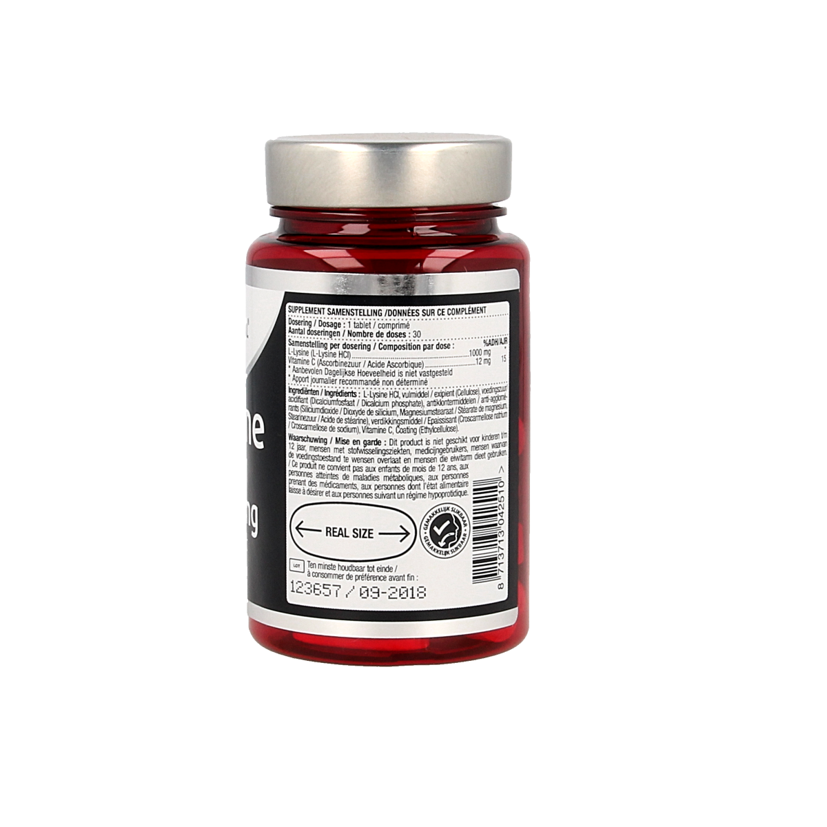 Lucovitaal L-Lysine 1000mg amino acid tablets, 30-count, showing the supplement bottle and tablets inside.