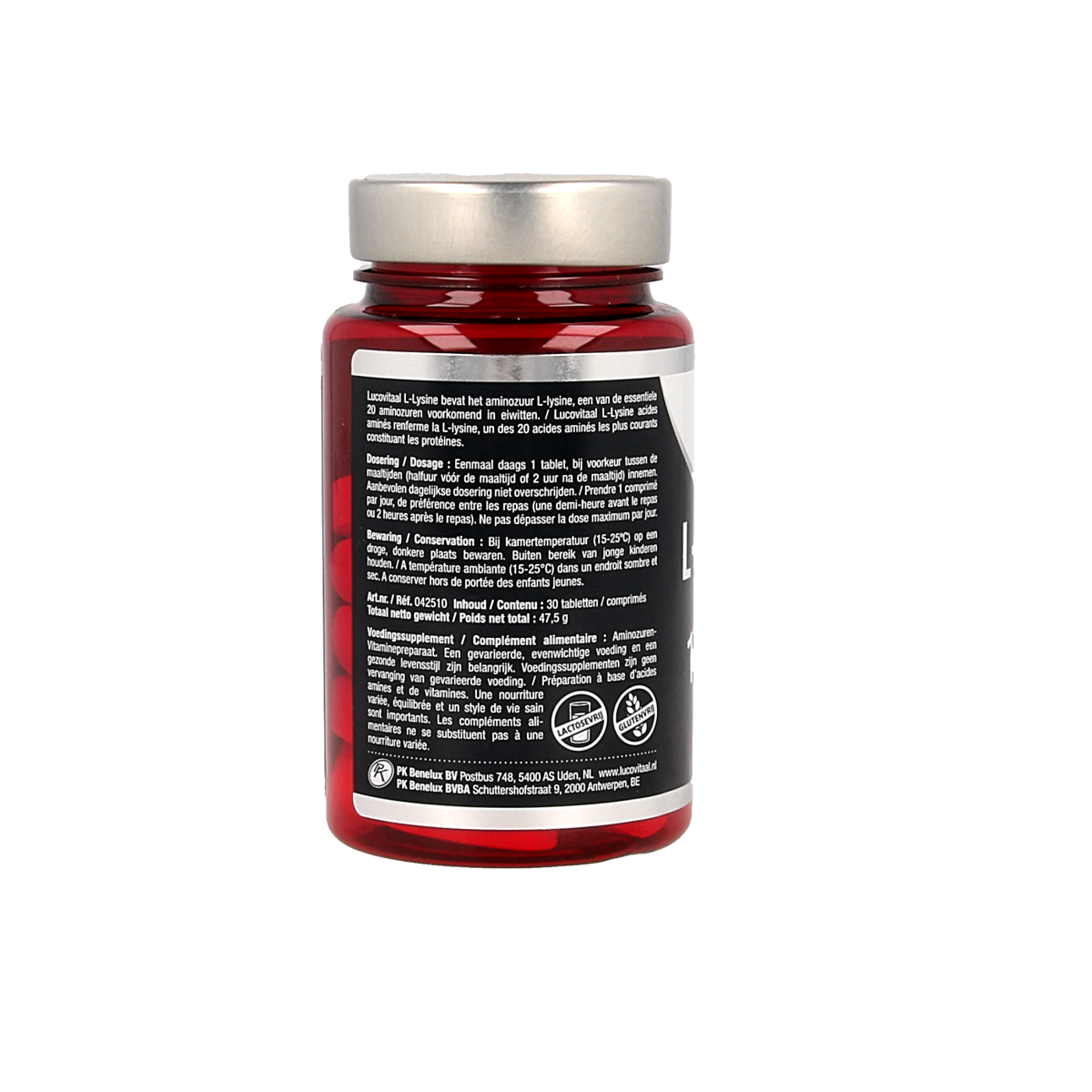 Lucovitaal L-Lysine 1000mg amino acid tablets, 30 count, showing the supplement bottle and tablets in blister packaging.