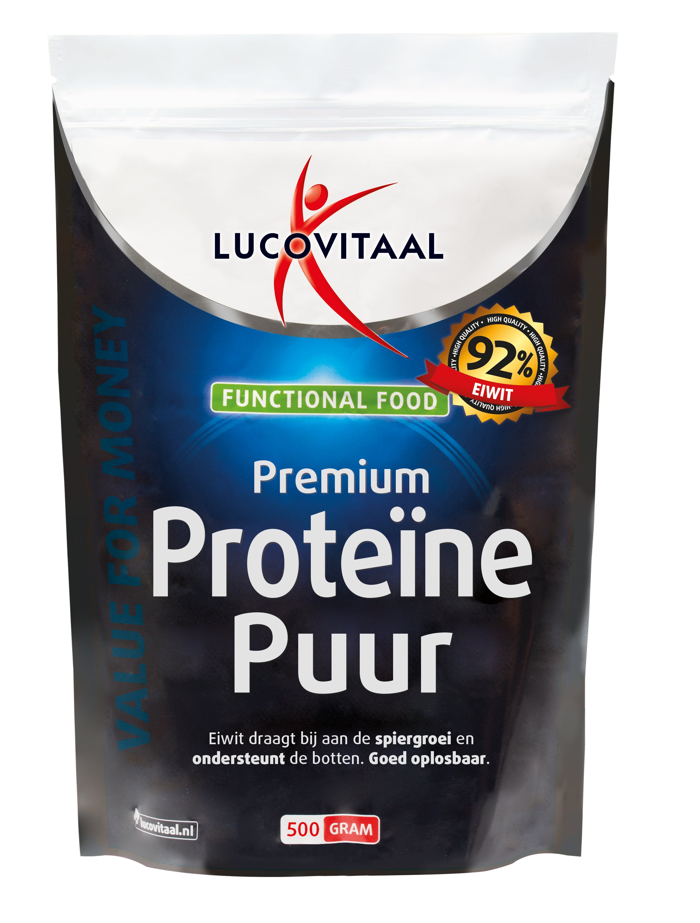 Lucovitaal Functional Food Premium Proteine amino acids powder in 500g container, white supplement with label.