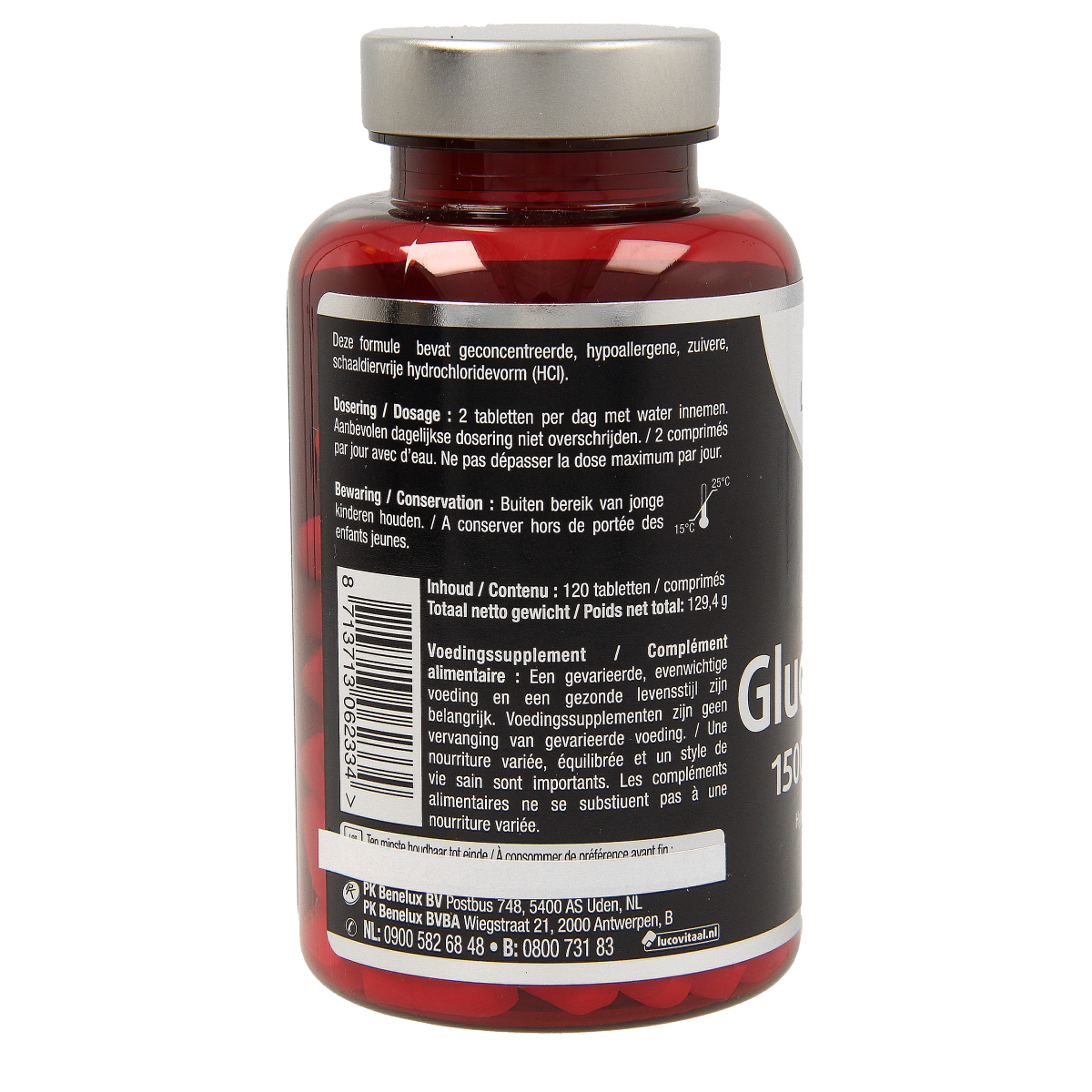 Vegan Glucosamine supplement by Lucovitaal, 120 tablets, featuring mineral enke products in a bottle with tablets visible inside.