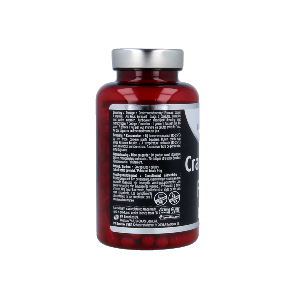 Lucovitaal Cranberry x-tra capsules in a bottle, herbal supplement for urinary health, with cranberries on the label.