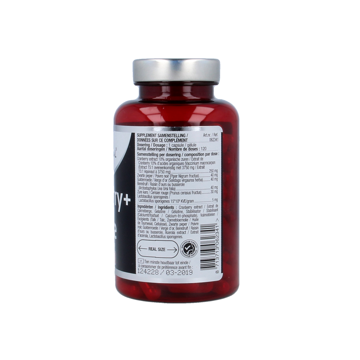 Lucovitaal Cranberry X-tra capsules, herbal supplement in a bottle, showing the product packaging and label.
