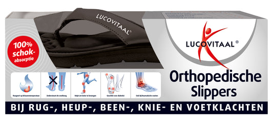 Black Lucovitaal orthopedic slippers in size 45-46, showing the comfortable slip-on design and cushioned sole for support.