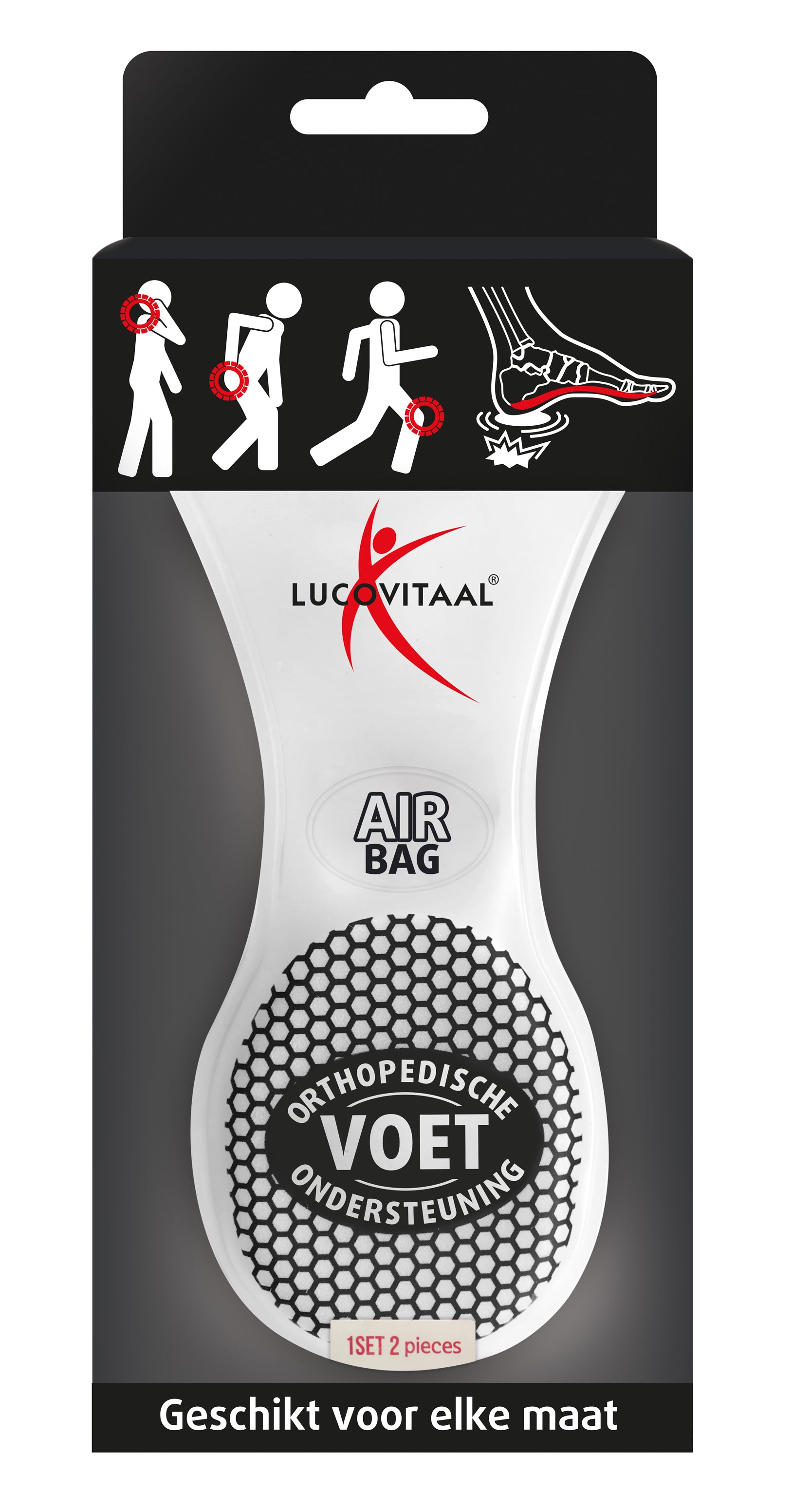Pair of Lucovitaal foot support insoles, white cushioned orthotic inserts for improved comfort and foot health.