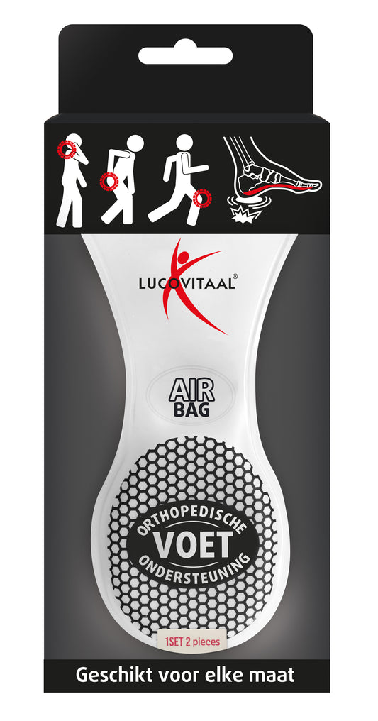 Pair of Lucovitaal foot support insoles, white cushioned orthotic inserts for improved comfort and foot health.