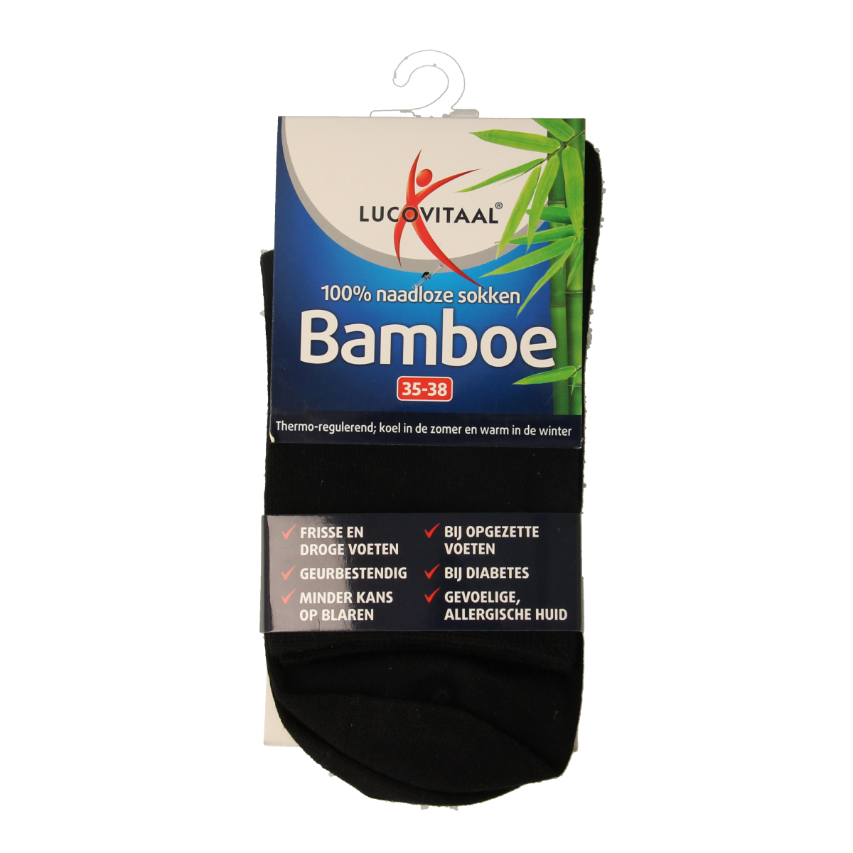Black bamboo socks from Lucovitaal, long style in size 35-38, displayed as a pair for comfortable, breathable wear.