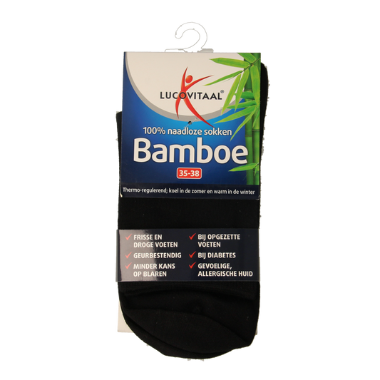 Black bamboo socks from Lucovitaal, long style in size 35-38, displayed as a pair for comfortable, breathable wear.