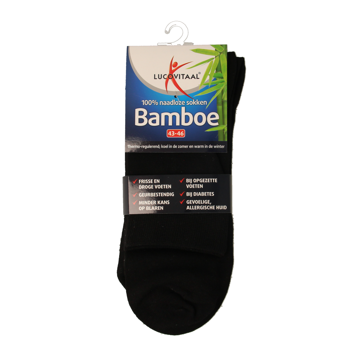 Black bamboo socks by Lucovitaal, long style, size 43-46, shown as a pair on a white background.