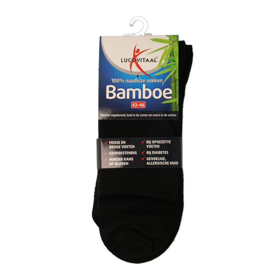 Black bamboo socks by Lucovitaal, long style, size 43-46, shown as a pair on a white background.