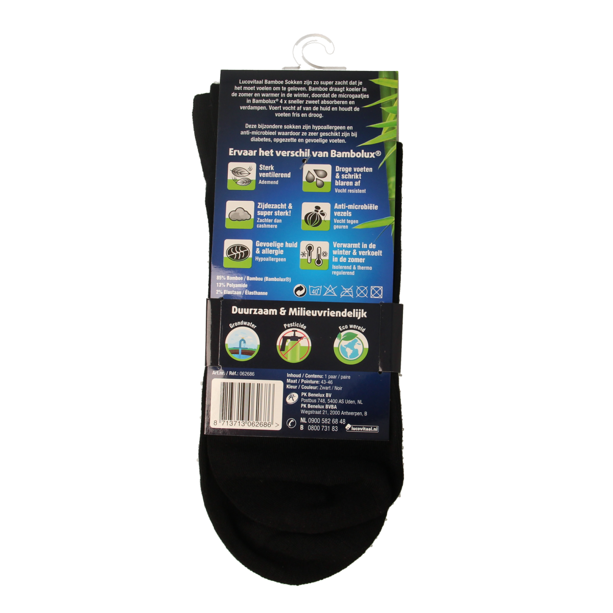Lucovitaal black bamboo socks for men, size 43-46, showing the soft fabric and comfortable fit in a close-up image.