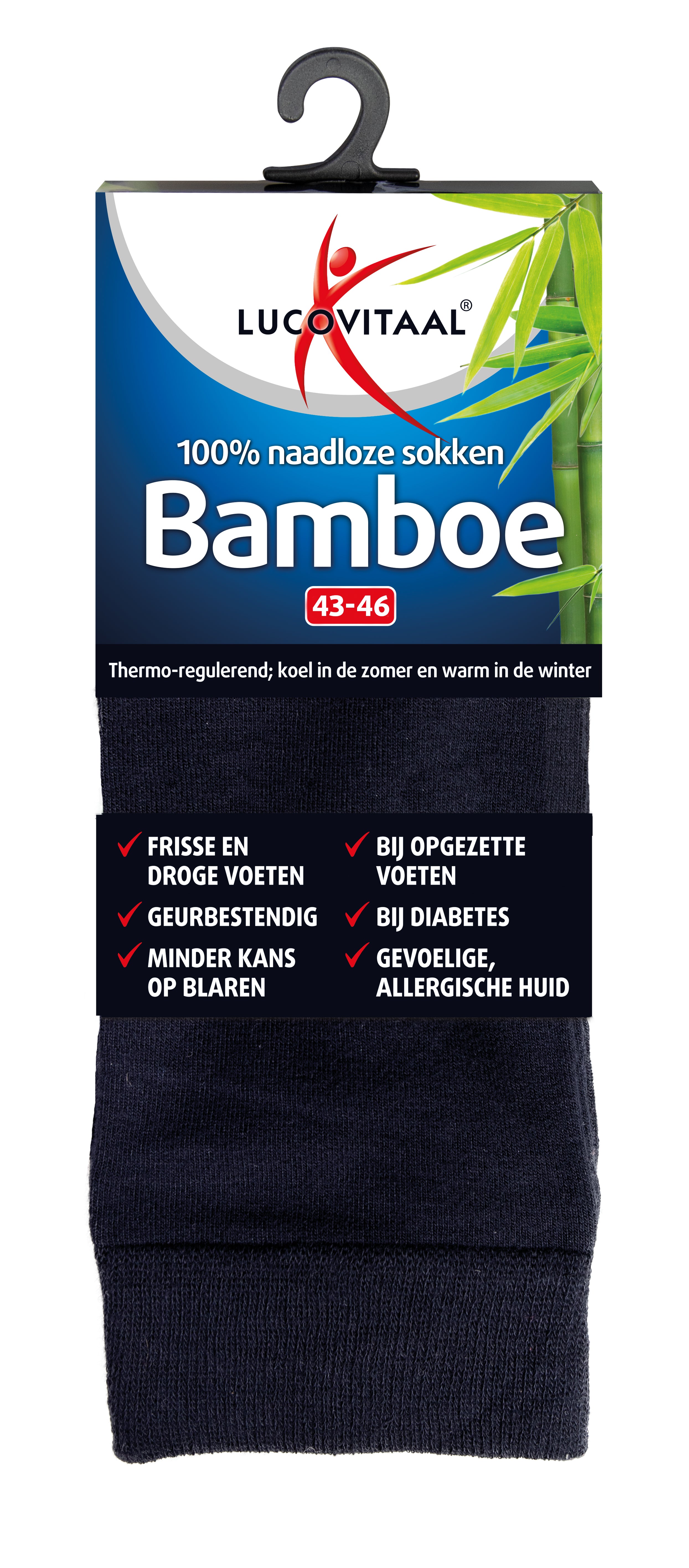 Blue bamboo socks by Lucovitaal, long style in size 43-46, displayed as a pair in the image.
