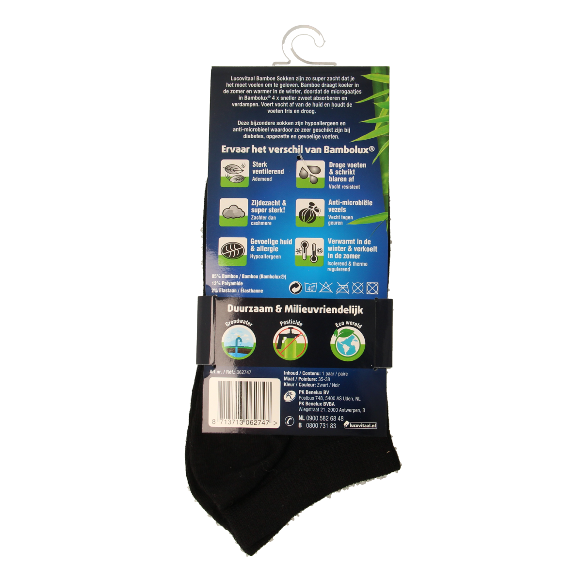 Black bamboo ankle socks from Lucovitaal, size 35-38, pair of one, comfortable and breathable for everyday wear.