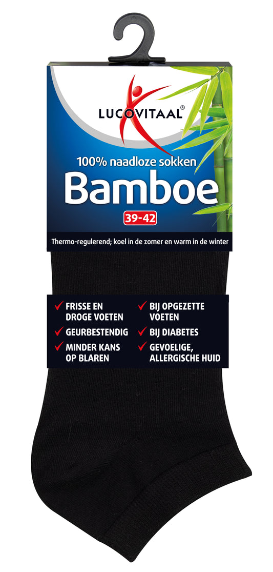 Black bamboo ankle socks by Lucovitaal, size 39-42, shown in a pair ready for wear.