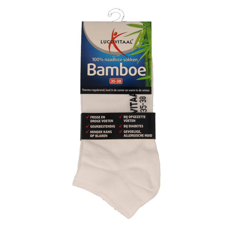 White bamboo ankle socks by Lucovitaal in size 35-38, displayed in a pair with a close-up view of the fabric.