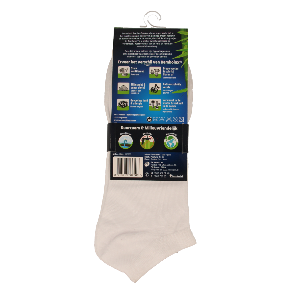 Lucovitaal Bamboe enkelsokken in wit, maat 43-46, showing soft bamboo fabric and snug fit for comfortable wear.