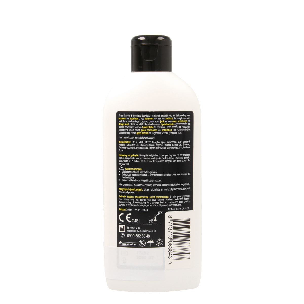 Lucovitaal Eczeem psoriasis bodylotion in 200ml bottle, soothing body care for skin conditions, with a white and blue packaging design.