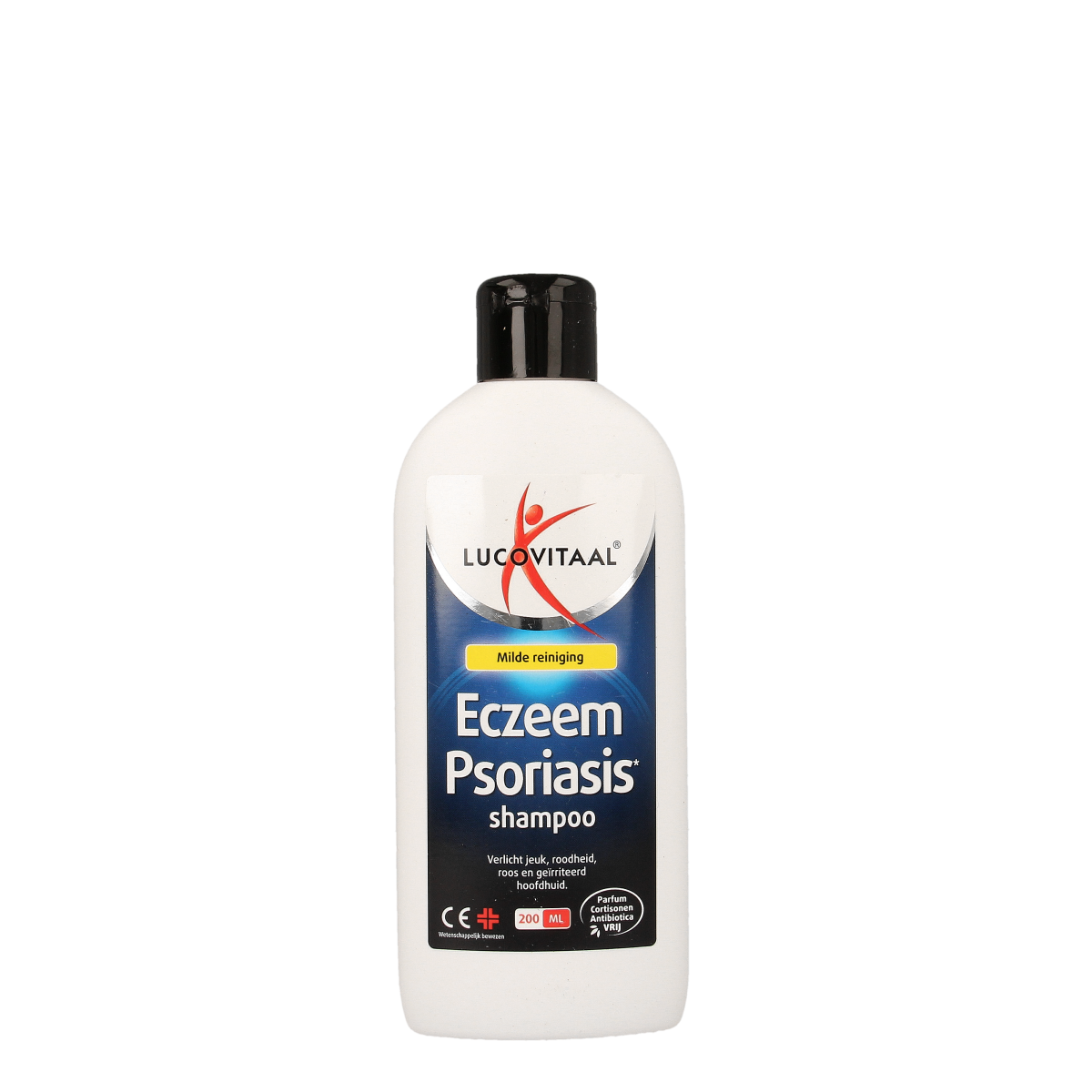 Lucovitaal Eczeem psoriasis shampoo bottle for scalp care, 200ml, designed for soothing and treating skin conditions.