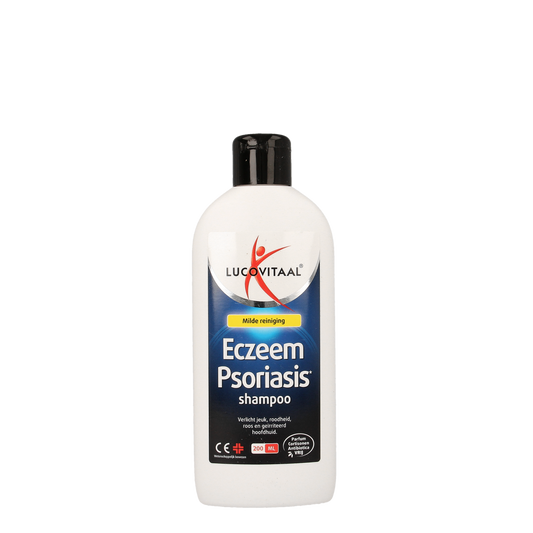 Lucovitaal Eczeem psoriasis shampoo bottle for scalp care, 200ml, designed for soothing and treating skin conditions.