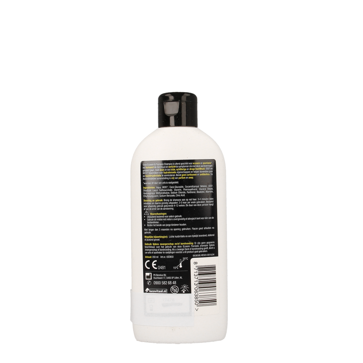 Lucovitaal eczeem en psoriasis shampoo in 200ml bottle, ideal for sensitive skin and scalp care for eczema and psoriasis conditions.