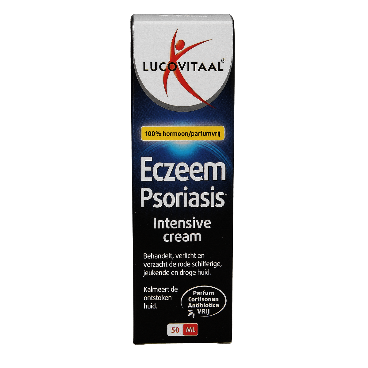 Lucovitaal Eczeem en Psoriasis intensieve crème in 50ml tube, suitable for use as a bad en douche product.