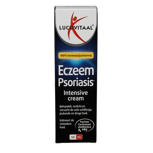Lucovitaal Eczeem en Psoriasis intensieve crème in 50ml tube, suitable for use as a bad en douche product.