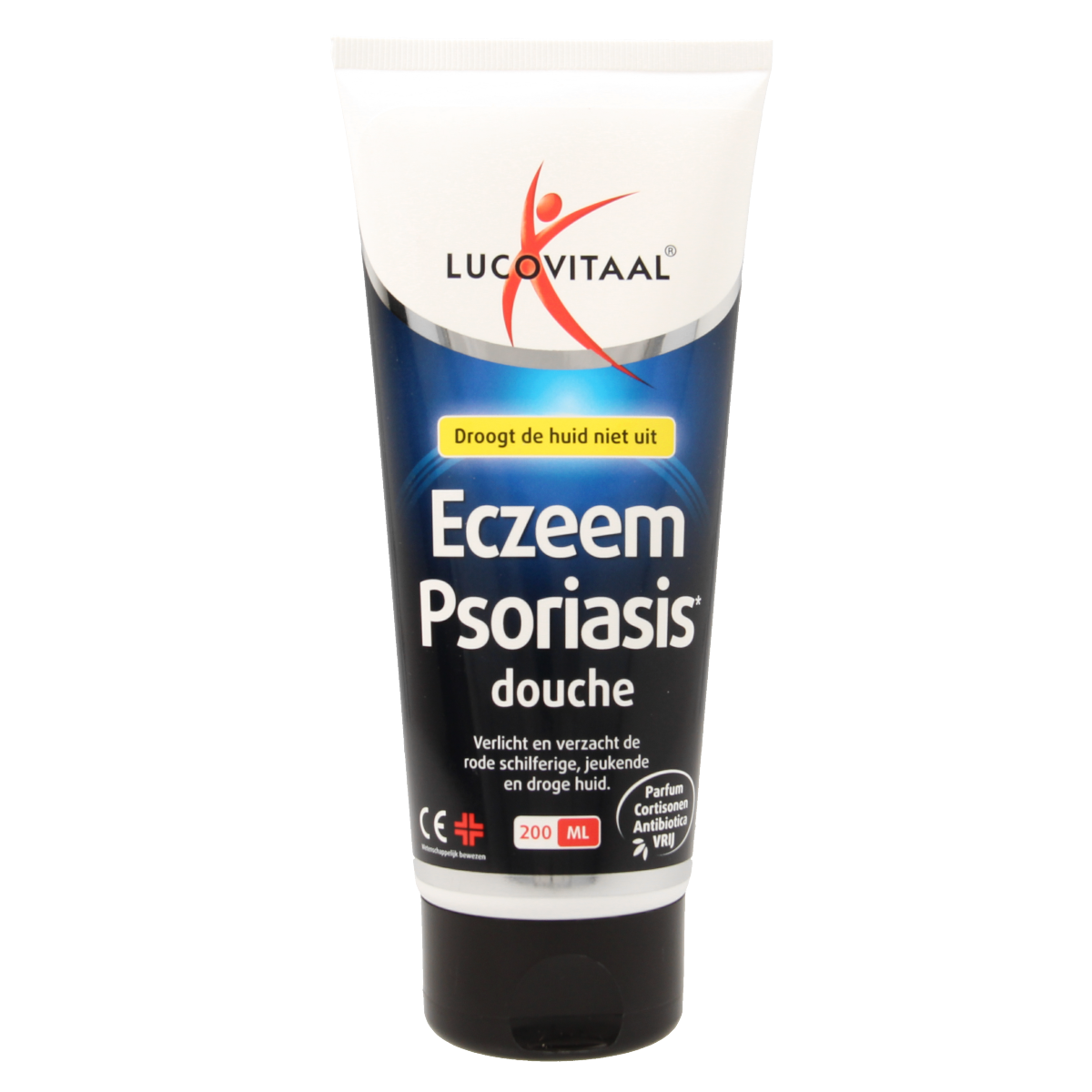 Lucovitaal Eczeem psoriasis douchegel 200ml bottle, soothing body wash for eczema and psoriasis skin relief.
