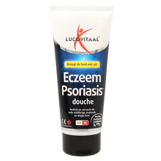 Lucovitaal Eczeem psoriasis douchegel 200ml bottle, soothing body wash for eczema and psoriasis skin relief.